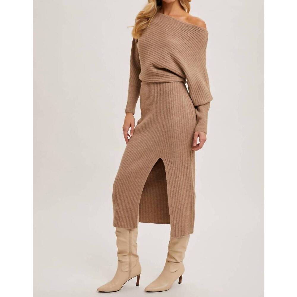 NEW BLUIVY one shoulder off side slit midi knit sweater dress in latte - Picture 5 of 8